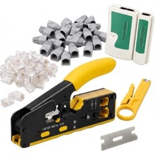 Set - RJ45 RJ11 Sıkma Pensesi + 20 Adet RJ45 + 20 Adet Konnektör + Test Cihazı + Kablo Sıyırıcı + Yedek Bıçağı