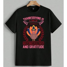 Thanksgiving Hindi Kusu 2 Baskılı Unisex Erkek Kadın Oversize Tişört Siyah