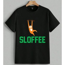 Sloffee Tembel Hayvan Turuncu Baskılı Unisex Erkek Kadın Oversize Tişört Siyah