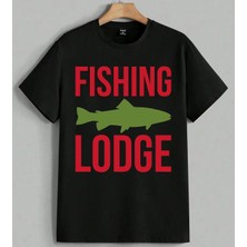 Fishing Lodge Balik Logo Yesil Baskılı Unisex Erkek Kadın Oversize Tişört Siyah
