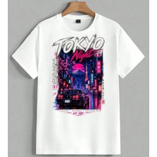 Tokyo Night Neon Sehir Drift Unisex Erkek Kadın Oversize Tişört Beyaz