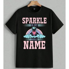 Sparkle Middle Name Unicorn Baskılı Unisex Erkek Kadın Oversize Tişört Siyah