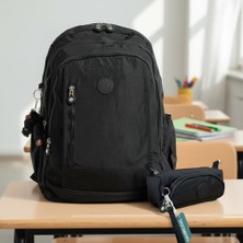 Duomino Krinkıl Suya Dayanıklı Büyük Boy Siyah Klinkır Sırt Çantası 15,6 Laptop Okul Çantası Kalemlik Takım Çanta