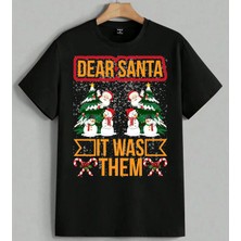 Dear Santa Noel Agaci Kar Adam Baskılı Unisex Erkek Kadın Oversize Tişört Siyah