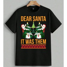 Dear Santa Noel Tematik Kardan Baskılı Unisex Erkek Kadın Oversize Tişört Siyah