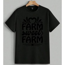 Farm Sweet Farm Tarim Tematik Baskılı Unisex Oversize Tişört Siyah