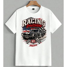Racing Division Mustang Unisex Erkek Kadın Oversize Tişört Beyaz