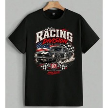 Racing Division Mustang Unisex Erkek Kadın Oversize Tişört Siyah