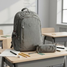 Duomino Krinkıl Suya Dayanıklı Büyük Boy Gri Klinkır Sırt Çantası 15,6 Laptop Okul Çantası Kalemlik Takım Çanta