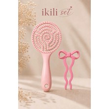 Invictus Design 3 Boyutlu Profesyonel Pembe Yuvarlak Saç Açma Tarak ve Fiyonk Figürlü Gizli Topuz Tokası Saç U Pin Firkete Saç Çatalı 2'li Set
