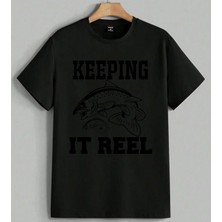 Keeping It Reel Balik Avci Baskılı Unisex Erkek Kadın Oversize Tişört Siyah