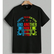 Yeni Yil Serigraphy Motivasyon Baskılı Unisex Erkek Kadın Oversize Tişört Siyah