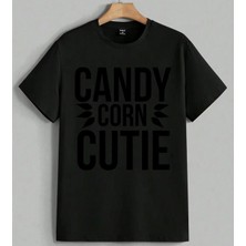 Candy Corn Kutlama Mevsimsel Baskılı Unisex Erkek Kadın Oversize Tişört Siyah