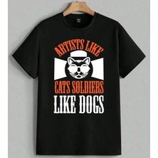 Artists Like Cats Soldiers Baskılı Unisex Erkek Kadın Oversize Tişört Siyah