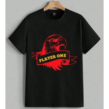Player One Kartal Logo Kirmizi Baskılı Unisex Erkek Kadın Oversize Tişört Siyah