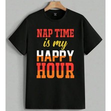 Nap Time Uyku Saati Renkli Baskılı Unisex Erkek Kadın Oversize Tişört Siyah