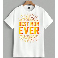 Best Mom Ever Sari Turuncu Unisex Oversize Tişört Beyaz