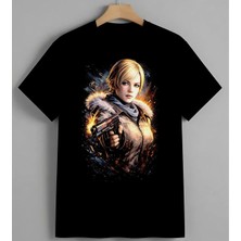 Silahli Kadin Aksiyon Sanat Baskılı Unisex Erkek Kadın Oversize Tişört Siyah