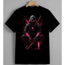 Siyber Ninja Pembe Tasarim Baskılı Unisex Erkek Kadın Oversize Tişört Siyah