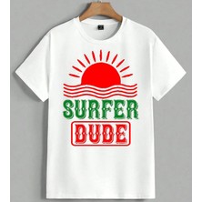 Surfer Dude Kirmizi Gunes Plaj Unisex Oversize Tişört Beyaz