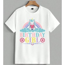 Birthday Girl Unicorn Sevgi Unisex Oversize Tişört Beyaz
