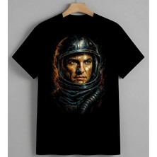 Astronot Uzay Kostumu Renkli Baskılı Unisex Erkek Kadın Oversize Tişört Siyah