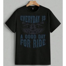 Motosiklet Kanat Good Day Ride Baskılı Unisex Erkek Kadın Oversize Tişört Siyah