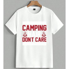 Camping Dont Care Kamp Ates Unisex Oversize Tişört Beyaz