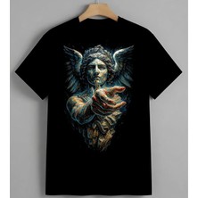 Melek Resim Kanat Ilustrasyon Unisex Erkek Kadın Oversize Tişört Siyah