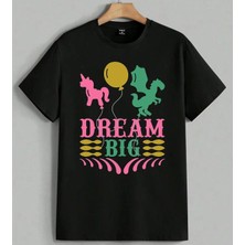 Dream Big Unicorn Dinozor Baskılı Unisex Erkek Kadın Oversize Tişört Siyah