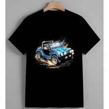 Mavi Jeep Acik Top Off Road Unisex Erkek Kadın Oversize Tişört Siyah