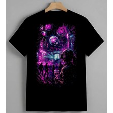 Cyberpunk Sehir Neon Syh Unisex Erkek Kadın Oversize Tişört Siyah