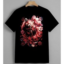 Kirmizi Cicek Kadin Yuzu Unisex Erkek Kadın Oversize Tişört Siyah