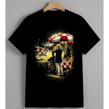 Piknik Sezonu Kirmizi Samsiye Unisex Erkek Kadın Oversize Tişört Siyah