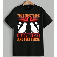 Uyuyan Kedi Komik Yazi Stres Baskılı Unisex Erkek Kadın Oversize Tişört Siyah