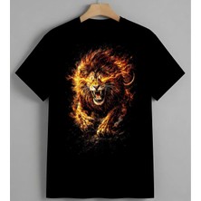 Ates Aslan Yangin Cizim Vahsi Baskılı Unisex Erkek Kadın Oversize Tişört Siyah