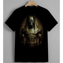 Anubis Tanri Misir Sanat Beyaz Baskılı Unisex Erkek Kadın Oversize Tişört Siyah