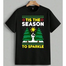 Tis The Sparkle Noel Agaci Baskılı Unisex Erkek Kadın Oversize Tişört Siyah