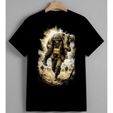Asker Uzay Astronot Illus Baskılı Unisex Erkek Kadın Oversize Tişört Siyah