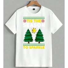Tis The Sparkle Noel Agaci Unisex Oversize Tişört Beyaz