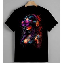 Kulaklik Kiz Renkli Sanat Unisex Erkek Kadın Oversize Tişört Siyah