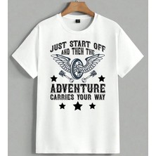 Adventure Motoru Kanatli Unisex Oversize Tişört Beyaz