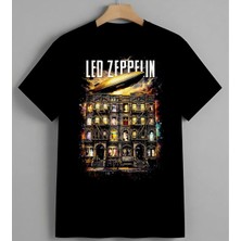 LED Zeppelin Bina Ilustrasyon Unisex Erkek Kadın Oversize Tişört Siyah