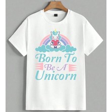 Unicorn Goksek Pembe Mavi Unisex Oversize Tişört Beyaz