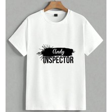 Andy Inspector Siyah Fircali Unisex Oversize Tişört Beyaz