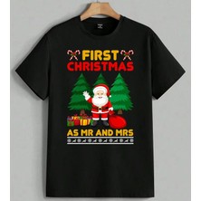 Ilk Noel Noel Baba Evlilik Baskılı Unisex Erkek Kadın Oversize Tişört Siyah