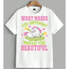 Unicorn Motivasyon Farkli Unisex Oversize Tişört Beyaz
