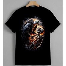 Kartal Iskelet Turuncu Beyaz Unisex Erkek Kadın Oversize Tişört Siyah