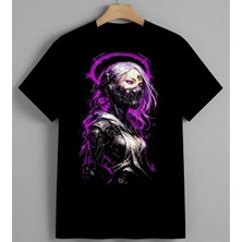 Cyberpunk Kiz Mor Neon Robot Syh Unisex Erkek Kadın Oversize Tişört Siyah