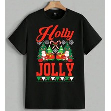 Holly Jolly Noel Kutlamasi Baskılı Unisex Erkek Kadın Oversize Tişört Siyah
